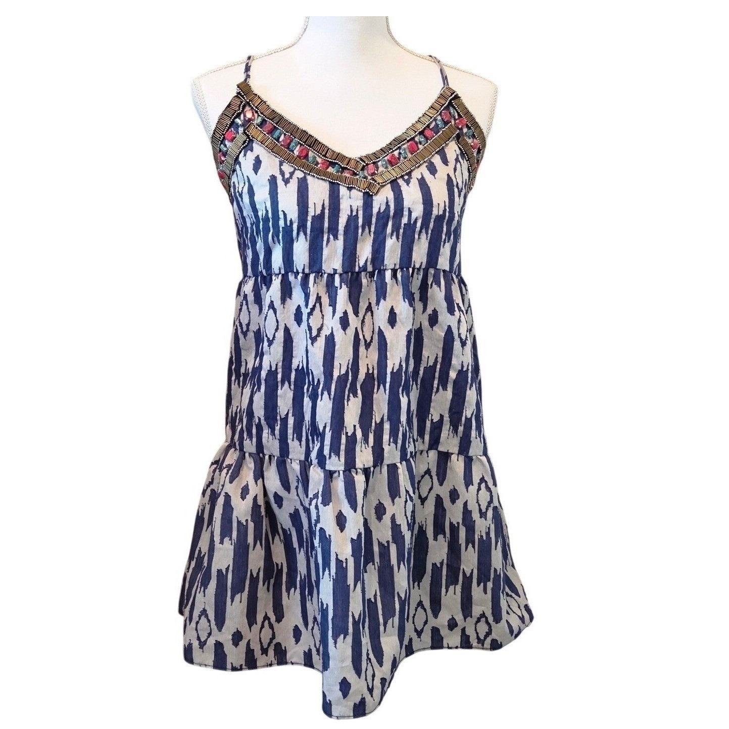Dolce Vita Balere Ikat Print Mini Dress Beaded Babydoll Blue White Boho Medium